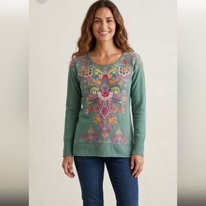 Johnny Was acid wash thermal waffle floral embroidered crew neck top sz S petite